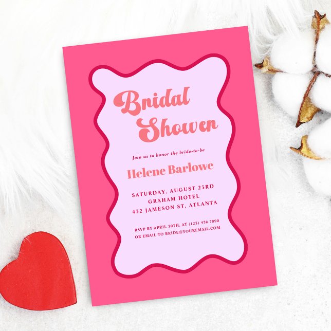 Retro Rosa Red Vågigt Möhippa Inbjudningar (Retro Pink Red Wavy Bridal Shower Invitation)