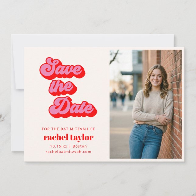 Retro Rosa Röd Bat Mitzvah Foto Spara Datumet (Framsida)