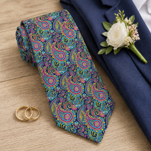 Retro Rosa Röd Blå Gul Paisley Blommönster Slips