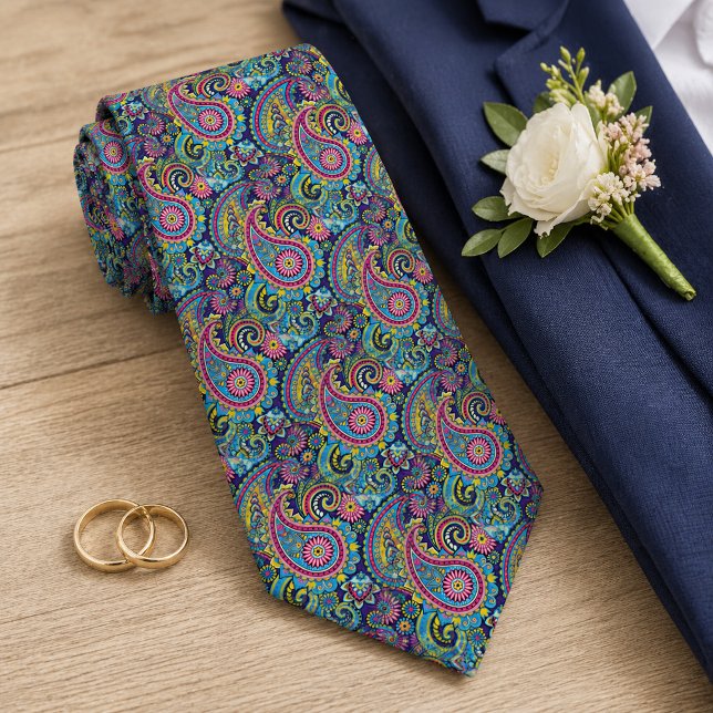 Retro Rosa Röd Blå Gul Paisley Blommönster Slips (Skapare uppladdad)