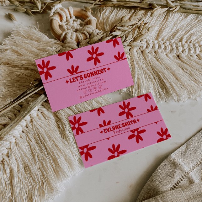 Retro Rosa Röd Groovy Blommig Boho Flickig Trendig Visitkort (Skapare uppladdad)