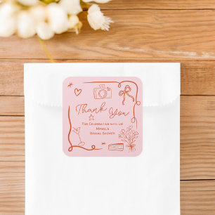 Retro rosa röd handritad illustrerad bröllopsdusch fyrkantigt klistermärke