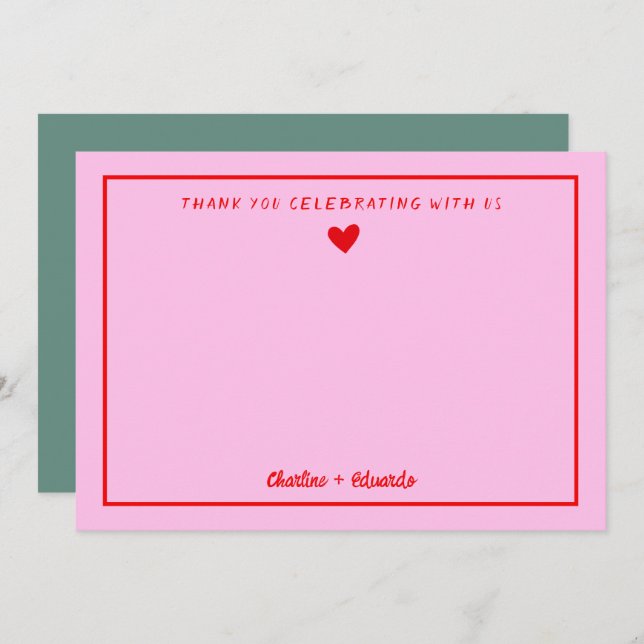 Retro Rosa&röd handskrift Bröllop Tack (Fram/baksida)