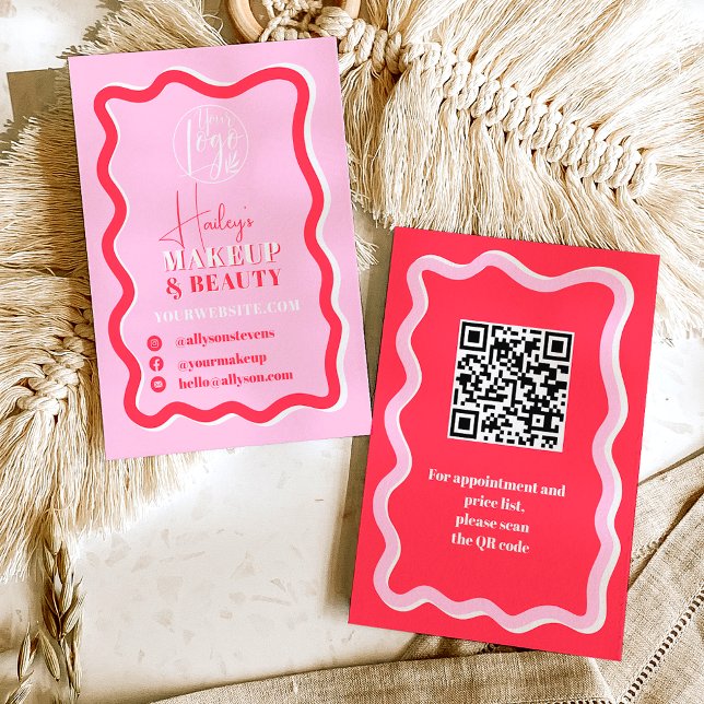 Retro rosa röd kurvbläckfisk vågigt makeup skönhet visitkort (Retro pink red curve squiggle wavy makeup beauty business card)