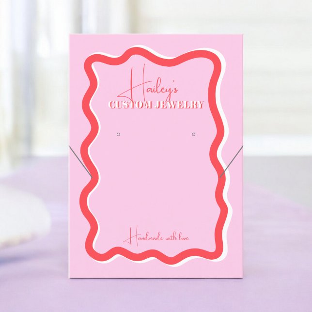 Retro rosa röd kurvbläckfisk vågigt smyckesvisning visitkort (Retro pink red curve squiggle wavy jewelry display business card)