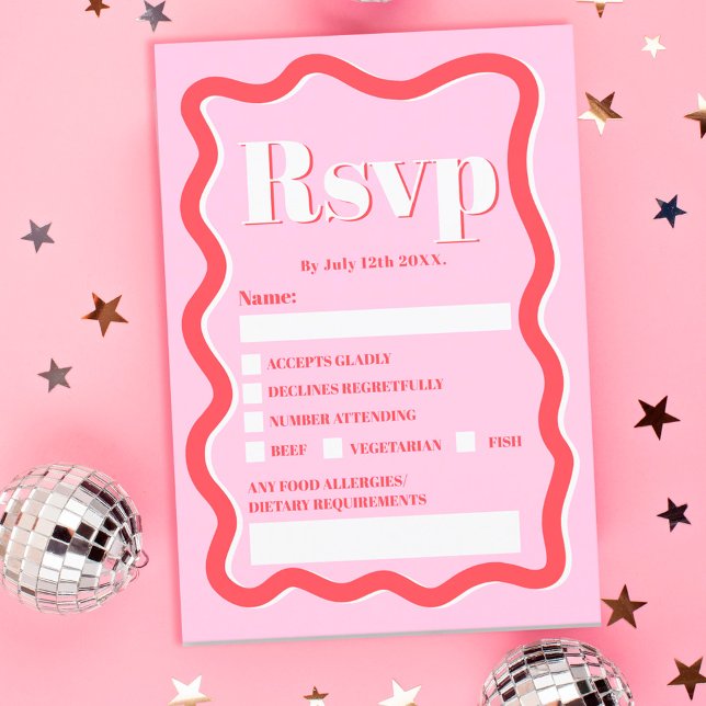 Retro rosa röd kurvbläddring vågigt bröllop inbjudningar (Skapare uppladdad)