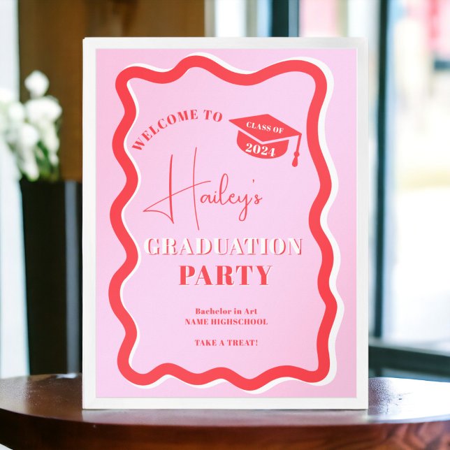 Retro rosa röd kurvbläddring vågigt studenten poster (Retro pink red curve squiggle wavy graduation poster)