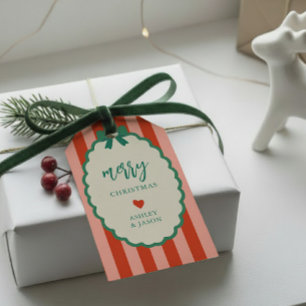 Retro Rosa, Röd, och Grön Randig God Jul Presentetikett