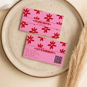 Retro Rosa Röd QR-kod Groovy Blommig Feminint Tren Visitkort