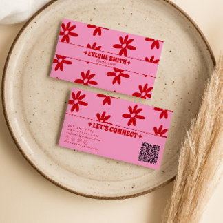 Retro Rosa Röd QR-kod Groovy Blommig Feminint Tren Visitkort