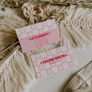 Retro Rosa Röd Rutig Groovy Blommig Boho Trendig Visitkort