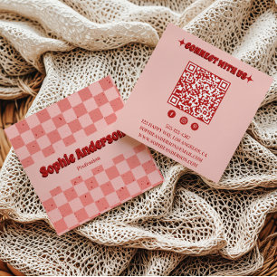 Retro Rosa & Röd Rutig med QR-kod Fyrkantigt Visitkort