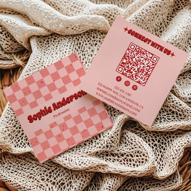 Retro Rosa & Röd Rutig med QR-kod Fyrkantigt Visitkort (Skapare uppladdad)