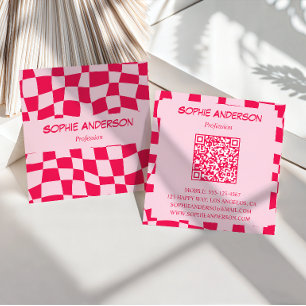 Retro Rosa & Röd Rutig QR-kod Fyrkantigt Visitkort