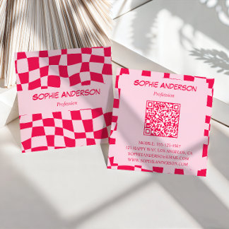 Retro Rosa & Röd Rutig QR-kod Fyrkantigt Visitkort