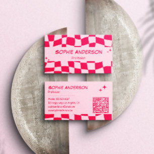 Retro Rosa & Röd Rutig QR-kod Visitkort