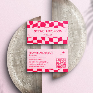 Retro Rosa & Röd Rutig QR-kod Visitkort
