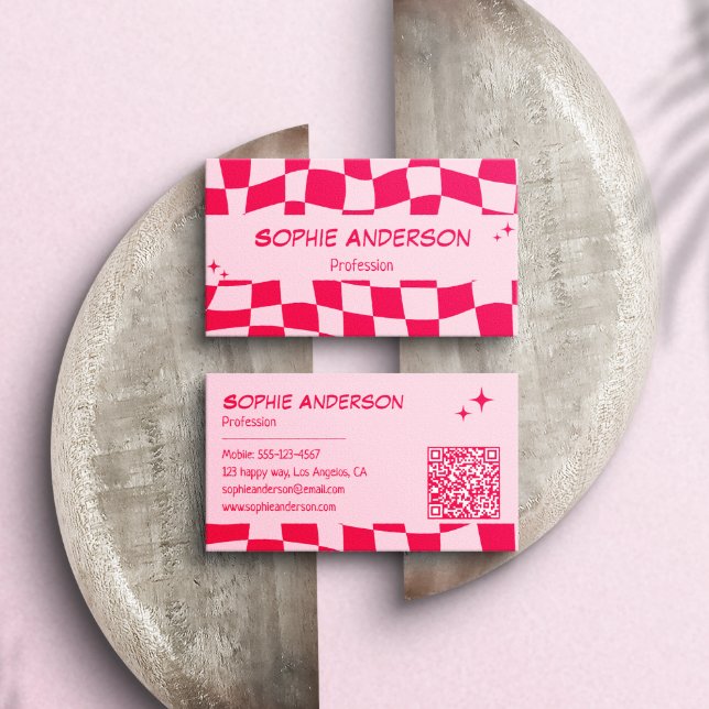 Retro Rosa & Röd Rutig QR-kod Visitkort (Skapare uppladdad)