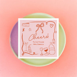 Retro rosa röda handritade illustrerade bröllopsdu pappersservett