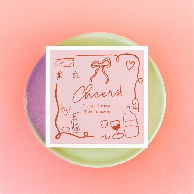 Retro rosa röda handritade illustrerade bröllopsfe pappersservett (Retro pink red hand drawn illustrated bridal shower napkins)