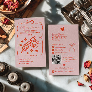 Retro Rosa Röda Klotter Tattoo Artist QR-kod Visitkort
