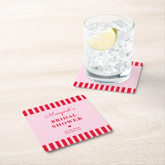 Retro Rosa & Röda Ränder Bröllopsfest Skräddarsydd Underlägg Papper Kvadrat (Insitu)