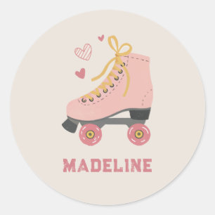 Retro Rosa Roller Skates Namn Classroom Valentine Runt Klistermärke