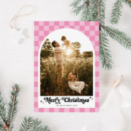 Retro Rosa Rutig Båg Familjefoto Julkort