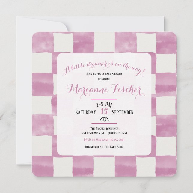 Retro rosa rutig flicka baby shower inbjudan (Framsida)