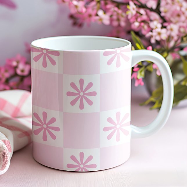 Retro Rosa Rutigt Blommigt Mönster Kaffemugg (Skapare uppladdad)