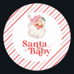 Retro Rosa Santa Baby christmas babydusch Runt Klistermärke<br><div class="desc">rosa jultomte Baby-jultomte: pappra party-klistermärken för babyduschar.</div>