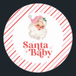 Retro Rosa Santa Baby christmas babydusch Runt Klistermärke<br><div class="desc">rosa jultomte Baby-jultomte: pappra party-klistermärken för babyduschar.</div>