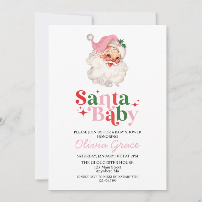 Retro Rosa Santa Baby Helgdag Baby Shower Inbjudningar (Framsida)