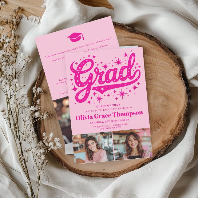 Retro Rosa Script Stars 3-fotoStudentfest Inbjudningar (Retro Pink Script Stars 3-Photo Graduation Party Invitation)