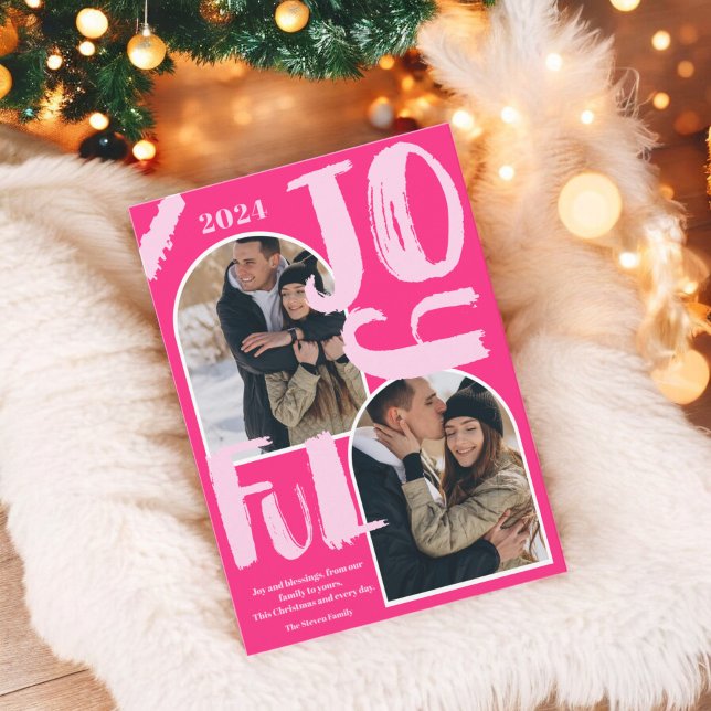 Retro rosa-skript 2 foton från Glatt jul Julkort (Retro pink script 2 photos arch Joyful Christmas Holiday Card)