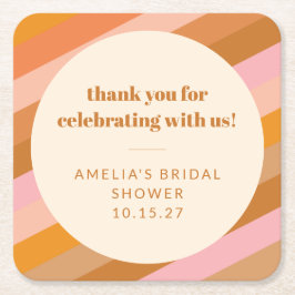 Retro Rosa Solnedgångsrandiga Bröllopsdusch  Underlägg Papper Kvadrat