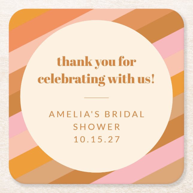 Retro Rosa Solnedgångsrandiga Bröllopsdusch  Underlägg Papper Kvadrat (Framsidan)