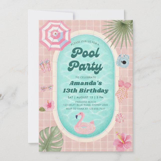 Retro Rosa Sommar Poolparty Födelsedagsinbjudan Inbjudningar (Framsida)