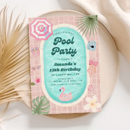 Retro Rosa Sommar Poolparty Födelsedagsinbjudan Inbjudningar