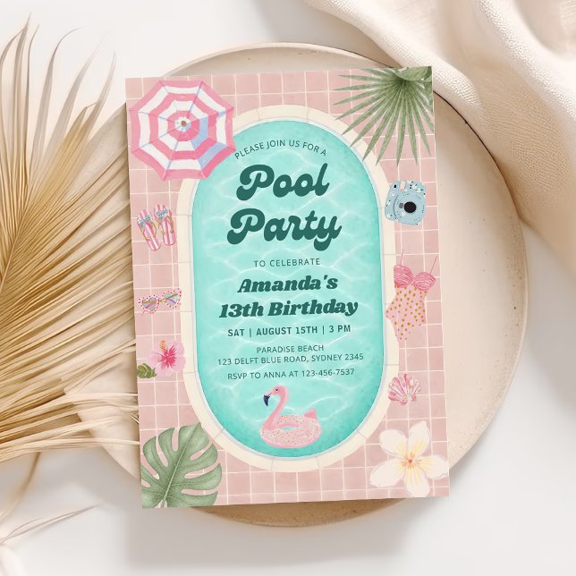 Retro Rosa Sommar Poolparty Födelsedagsinbjudan Inbjudningar (Skapare uppladdad)