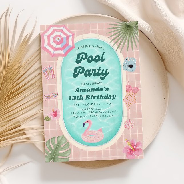 Retro Rosa Sommar Poolparty Födelsedagsinbjudan Inbjudningar (Skapare uppladdad)