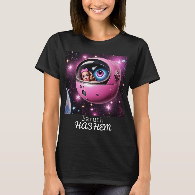 Retro Rosa Space Girl i stjärnorna T Shirt (Framsida)