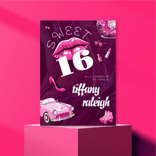 Retro Rosa Sweet 16 Födelsedagsfester Inbjudningar