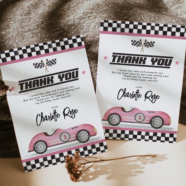 Retro Rosa Tävling Car Girl Födelsedagsfest Tack Kort (Skapare uppladdad)