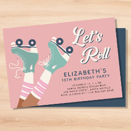 Retro Rosa Teal Roller Skating Födelsedagsfest Inbjudningar