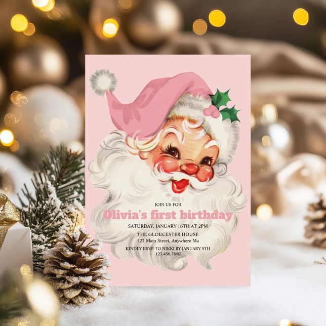 Retro Rosa Tomte födelsedag Inbjudningar (Skapare uppladdad)