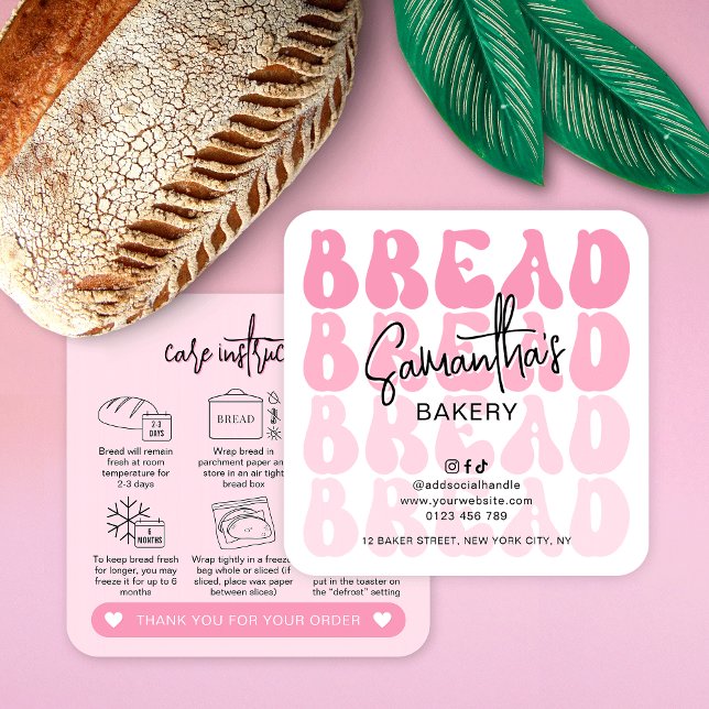 Retro Rosa Trendig Bread Loaf Care Instructions Fyrkantigt Visitkort (Retro pink groovy sourdough bread care cards with icons, trendy fonts in pink colors)
