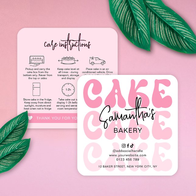 Retro Rosa Trendig Girly Cake Care Instructions Fyrkantigt Visitkort (Trendy pink cake care instructions cards with retro fonts and care icons)