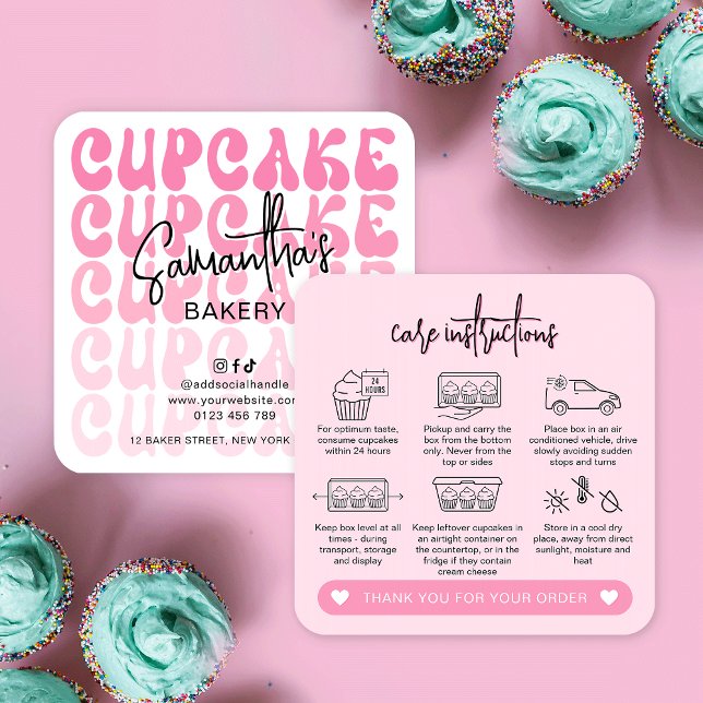 Retro Rosa Trendig Girly Muffinss Care Instruction Fyrkantigt Visitkort (Trendy cupcake care instructions cards in modern pink colors featuring retro fonts and care icons)