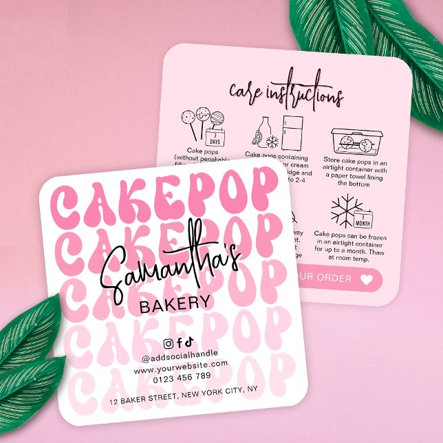 Retro Rosa Trendiga Cake Pops Vårdinstruktioner Ko Fyrkantigt Visitkort (Trendy pink cake pops storage instructions guide cards featuring retro fonts and modern layout)